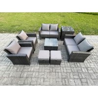 Fimous Rattan Garden Furniture Set 8 Seater Patio Outdoor Lounge Sofa Set with Square Coffee Table Double Seat Sofa Side Table in Dark Grey