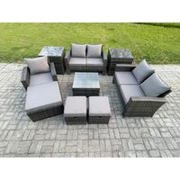 Fimous 8 Seater Outdoor Rattan Garden Furniture Set Conservatory Patio Sofa Coffee Table Set with Chair 2 Side Tables 3 Footstools in Dark Grey