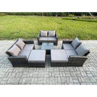 Fimous 8 Seater Outdoor Rattan Garden Furniture Set Conservatory Patio Sofa Coffee Table Set with 2 Big Footstool Dark Grey Mixed