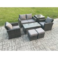 Fimous 6 Seater Outdoor Rattan Garden Furniture Set Patio Lounge Sofa Set with Coffee Table Side Table 2 Small Footstools in Dark Grey