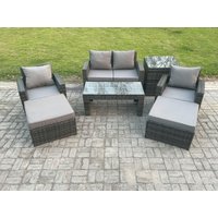 Fimous 7 PCS Outdoor Lounge Sofa Set Wicker PE Rattan Garden Furniture Set with Rectangular Coffee Table Armchair in Dark Grey