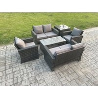 Fimous 6 Seater Dark Grey Mixed High Back Rattan Sofa Set Coffee Table Garden Furniture Outdoor Patio With Love Sofa Arm Chairs