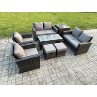 Fimous 8 Seater Dark Grey Mixed High Back Rattan Sofa Set Coffee Table Garden Furniture Outdoor Patio With Love Sofa Arm Chairs