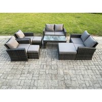 Fimous 9 Seater Dark Grey Mixed High Back Rattan Sofa Set Coffee Table Garden Furniture Outdoor Patio With Love Sofa Arm Chairs 3 Footstools