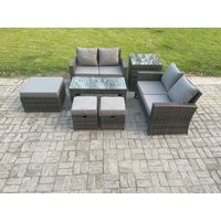 Fimous 7 Seater High Back Rattan Garden Furniture Sofa Sets with Rectangular Coffee Table Side Table 3 Footstools Loveseat Sofa Dark Grey Mixed