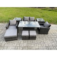 Fimous High Back Rattan Garden Furniture Sofa Sets with Height Adjustable Rising Lifting Table 2 Side Tables 3 Footstools in Dark Grey