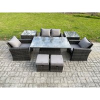 Fimous Rattan Garden Furniture Sofa Sets with Height Adjustable Rising Lifting Table 2 Side Tables 2 Small Footstools in Dark Grey