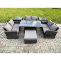 Fimous 7 pieces Outdoor Lounge Sofa Set Wicker PE Rattan Garden Furniture Set with Rising Lifting Table Double Seat Sofa in Dark Grey