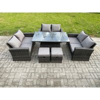 Fimous Wicker PE Rattan Garden Furniture Set Height Adjustable Rising Lifting Table Sofa Dining Set with Double Seat Sofa in Dark Grey