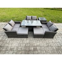 Fimous Wicker PE Rattan Garden Furniture Set Height Adjustable Rising Lifting Table Sofa Dining Set with 2 Big Footstool in Dark Grey