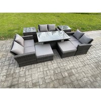 Fimous Wicker Rattan Garden Furniture Set Height Adjustable Rising Lifting Table Sofa Dining Set with Double Seat Sofa in Dark Grey