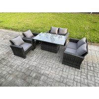 Fimous Rattan Garden Furniture Sets 6 Seater Patio Outdoor Rising Lifting Table Sofa Set with Double Seat Sofa Dark Grey Mixed