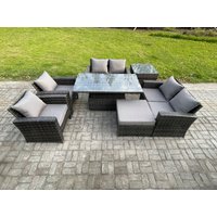 Fimous Rattan Garden Furniture Sets 7 Seater Patio Outdoor Rising Lifting Table Sofa Set with Double Seat Sofa Side Table in Dark Grey