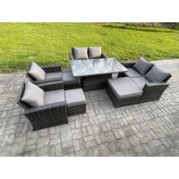 Fimous Outdoor Garden Furniture Sets 8 Pieces Wicker Rattan Furniture Sofa Dining Table Set with 3 Footstools Dark Grey Mixed