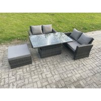 Fimous 4 Pieces Garden Furniture Sets Rattan Outdoor Patio Height Adjustable Rising Lifting Table Sofa Dining Set in Dark Grey