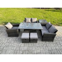 Fimous 7pcs Rattan Outdoor Garden Furniture Set Height Adjustable Rising Lifting Table Sofa Dining Set with Side Table 2 Small Footstools in Dark Grey