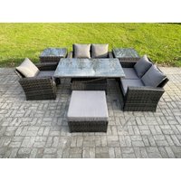 Fimous 7pcs Rattan Outdoor Garden Furniture Set Height Adjustable Rising Lifting Table Sofa Dining Set with 2 Side Tables Big Footstool in Dark Grey