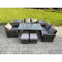Fimous 7 Seater Outdoor Rattan Patio Furniture Set Garden Height Adjustable Rising Lifting Table Sofa Dining Set w/ 2 Side Tables 2 Small Footstools