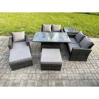 Fimous 7 Seater Outdoor Rattan Patio Furniture Set Garden Height Adjustable Rising Lifting Table Sofa Dining Sofa Set with Side Table 2 Big Footstool
