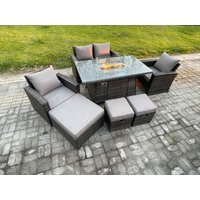 Fimous 7 Seater Outdoor Rattan Sofa Set Garden Furniture Gas Firepit Dining Table Heater with 3 Footstools in Dark Grey