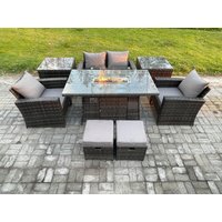 Fimous Outdoor Garden Dining Sets 6 Seater Rattan Patio Furniture Sofa Set with Gas Firepit Table 2 Small Footstools in Dark Grey