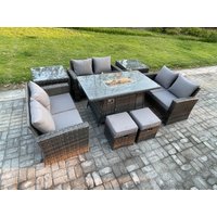 Fimous High Back Rattan Garden Furniture Sofa Sets with Outdoor Furniture Gas Firepit Dining Table Set 2 Small Footstool in Dark Grey