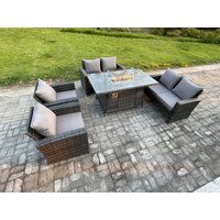 Fimous Wicker PE Rattan Garden Furniture Sets 6 Seater Patio Outdoor Gas Firepit Dining Table Heater Set with Double Seat Sofa in Dark Grey
