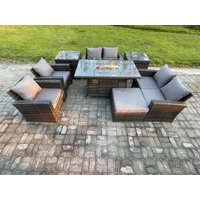 Fimous Wicker PE Rattan Garden Furniture Sets Patio Outdoor Gas Firepit Dining Table Heater Set with Double Seat Sofa Side Tables in Dark Grey