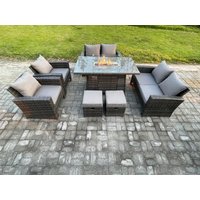 Fimous Wicker PE Rattan Garden Furniture Sets Patio Outdoor Gas Firepit Dining Table Heater Set with Double Seat Sofa in Dark Grey