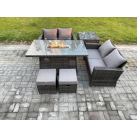 Fimous 6 Pieces Garden Furniture Sets Poly Rattan Outdoor Patio Gas Firepit Dining Table Sofa Set with Side Table 2 Small Footstools in Dark Grey