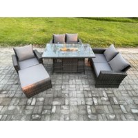 Fimous Rattan Outdoor Garden Furniture Gas Fire Pit Table Sets Gas Heater with Double Seat Sofa Armchair Big Footstool 6 Seater in Dark Grey