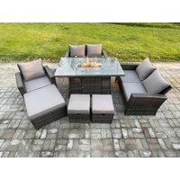 Fimous 8 Seater Rattan Outdoor Garden Furniture Gas Fire Pit Table Sets Gas Heater with Love Sofa Armchair 3 Footstools in Dark Grey