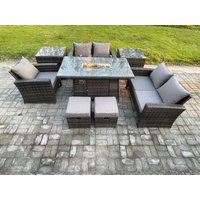 Fimous 7 Seater Rattan Outdoor Garden Furniture Gas Fire Pit Table Sets Gas Heater with Love Sofa Armchair 2 Small Footstools 2 Side Tables