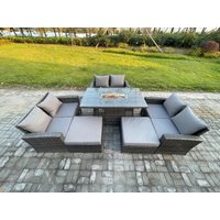 Fimous Rattan Garden Furniture Set Outdoor Lounge Sofa Chair Gas Fire Pit Dining Table Set With 2 Big Footstool Double Seat Sofa Armchiar in Dark Grey