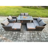 Fimous 8 Seater Rattan Garden Furniture Set Outdoor Lounge Sofa Chair Gas Fire Pit Dining Table Set With 2 Big Footstool Double Seat Sofa Armchiar