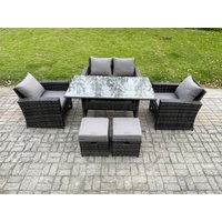 Fimous 6 Seater Outdoor Garden Furniture Set Patio Furniture Rattan Rectangular Dining Table Lounge Sofa in Dark Grey