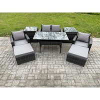 Fimous Outdoor Lounge Sofa Garden Furniture Set Rattan Rectangular Dining Table with Double Seat Sofa Armchair 2 Side Tables in Dark Grey