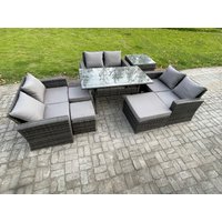 Fimous Wicker Rattan Garden Furniture Sets Outdoor Lounge Sofa Set with Oblong Dining Table Double Seat Sofa Dark Grey Mixed