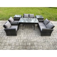 Fimous Rattan Garden Furniture Set Patio Outdoor Lounge Sofa Set with Oblong Dining Table Double Seat Sofa 2 Side Tables in Dark Grey