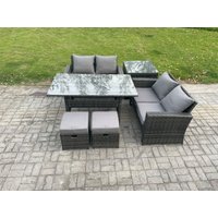 Fimous PE Wicker Rattan Garden Furniture Set Love Sofa Outdoor Rectangular Dining Table 2 Small Footstool Side Table Dark Grey Mixed