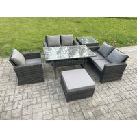 Fimous 6 Seater Wicker Rattan Garden Dining Set Outdoor Furniture Sofa with Dining Table Double Seat Sofa Big Footstool Side Table in Dark Grey