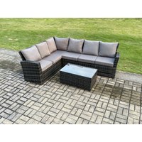 Fimous 6 Seater High Back Rattan Garden Furniture Set Corner Sofa With Rectangular Coffee Table in Dark Grey