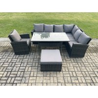 Fimous 8 Seater Garden Rattan Furniture Corner Sofa Dining Table Chair Set with Big Footstool Indoor Outdoor Lounge Sofa Set in Dark Grey