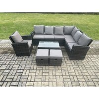 Fimous Wicker PE Outdoor Garden Furniture Set High Back Rattan Corner Sofa Set with Arm Chair Rectangular Coffee Table 2 Small Footstools in Dark Grey