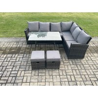 Fimous Outdoor Furniture Garden Dining Set Rattan Corner Sofa Set Rectangular Dining Table with Temper Glass 2 Small Footstools in Dark Grey