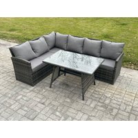 Fimous Wicker Rattan Garden Furniture Corner Sofa Set with Oblong Dining Table 6 Seater Outdoor Rattan Set in Dark Grey