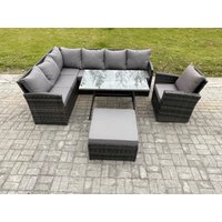 Fimous Rattan Garden Furniture Corner Sofa Set with Dining Table Footstool Armchair Outdoor Wicker Rattan Set in Dark Grey