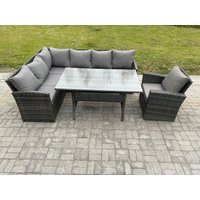Fimous Outdoor Rattan Garden Furniture Corner Sofa Set with Rectangular Dining Table Armchair Patio Wicker Rattan Set in Dark Grey