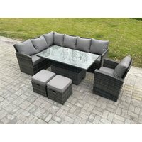 Fimous Wicker PE Outdoor Rattan Garden Furniture Set Height Adjustable Rising Lifting Table Sofa Dining Set with 2 Small Footstools Armchair