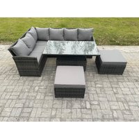 Fimous Outdoor Garden Furniture Set Wicker PE Rattan Height Adjustable Rising Lifting Table Sofa Dining Set with 2 Big Footstool in Dark Grey